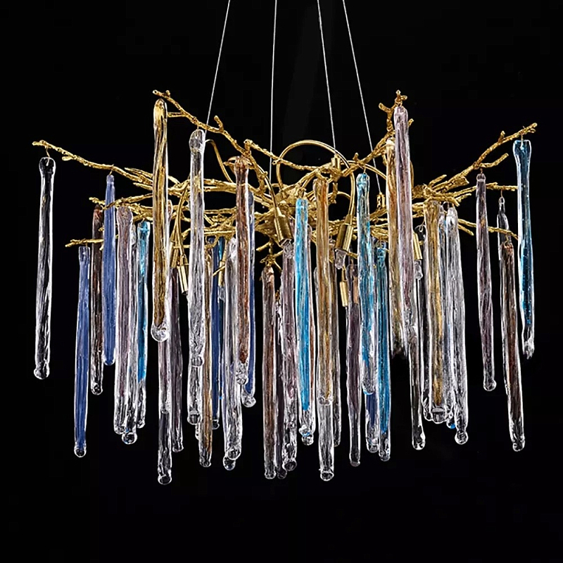 Люстра на подвесе с каркасом из металла и цветными подвесками из стекла Droplet Chandelier Золотой Прозрачный Голубой Янтарный Люстра на подвесе с каркасом из металла и цветными подвесками из стекла Droplet Chandelier Золотой Прозрачный Голубой Янтарный в Самаре | Loft Concept