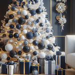 Украшенная Белая Новогодняя Елка с сине-белыми шарами и и муляжами подарков в комплекте варинант исполнения - 2 | Loft Concept в Самаре