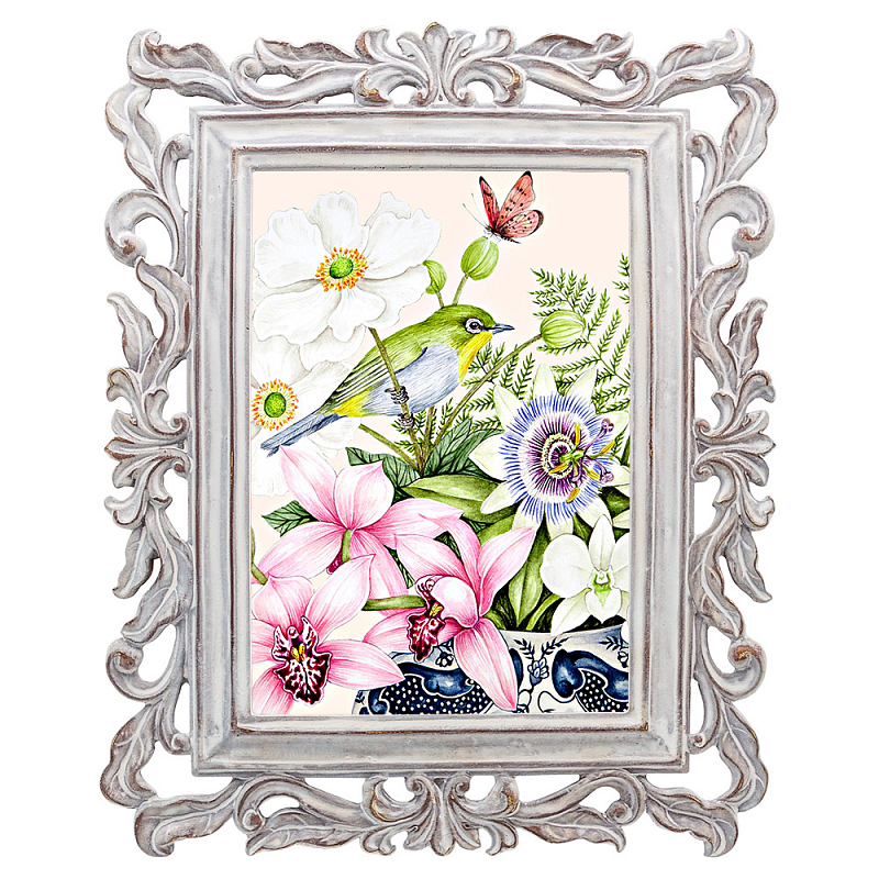 Постер Bird on Exotic Flowers Poster Мульти Белый винтажная патина Постер Bird on Exotic Flowers Poster Мульти Белый винтажная патина в Самаре | Loft Concept