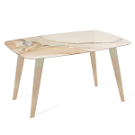 Обеденный стол с прямоугольной бежевой столешницей из стекла на 4-х деревянных ножках Beige Marble варинант исполнения - 1 | Loft Concept в Самаре