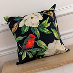 Декоративная подушка чёрная с изображением птиц и цветов Blooming Reds Birds варинант исполнения - 2 | Loft Concept в Самаре