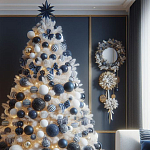 Украшенная Белая Новогодняя Елка с сине-белыми шарами и и муляжами подарков в комплекте варинант исполнения - 1 | Loft Concept в Самаре