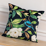 Декоративная подушка чёрная с изображением птиц и цветов  Blooming Blue Birds варинант исполнения - 2 | Loft Concept в Самаре