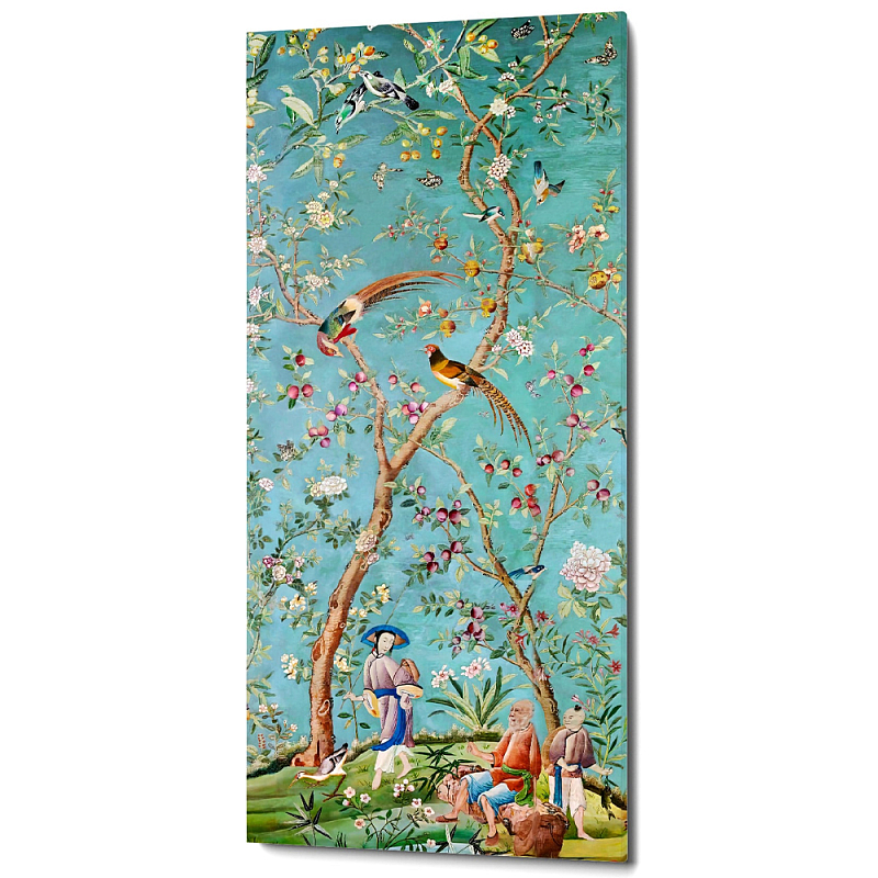 Постер на холсте в стиле шинуазри с изображением сада Chinoiserie Imperial Garden Birds and People Poster Мульти Бирюзовый в Самаре | Loft Concept 