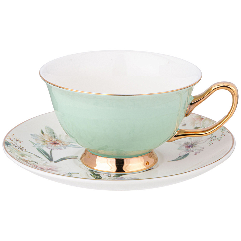 Чайная пара из фарфора 200 мл Green Tea Porcelain Set Белый Золотой Зеленый в Самаре | Loft Concept 